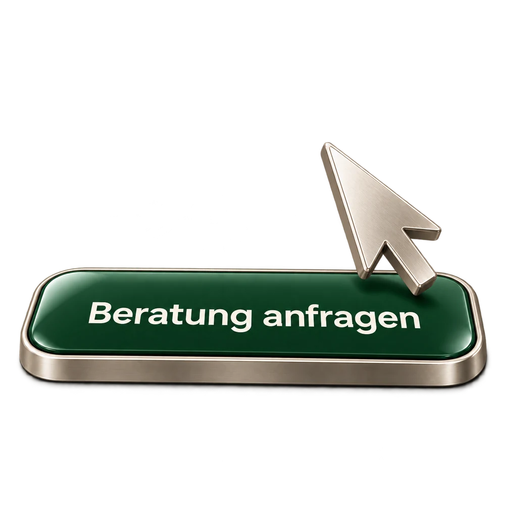 Ein Metall-Mauszeiger schwebt mit kleinem Tiefenversatz vor einem dunkelgrünen Anfrage-Button.